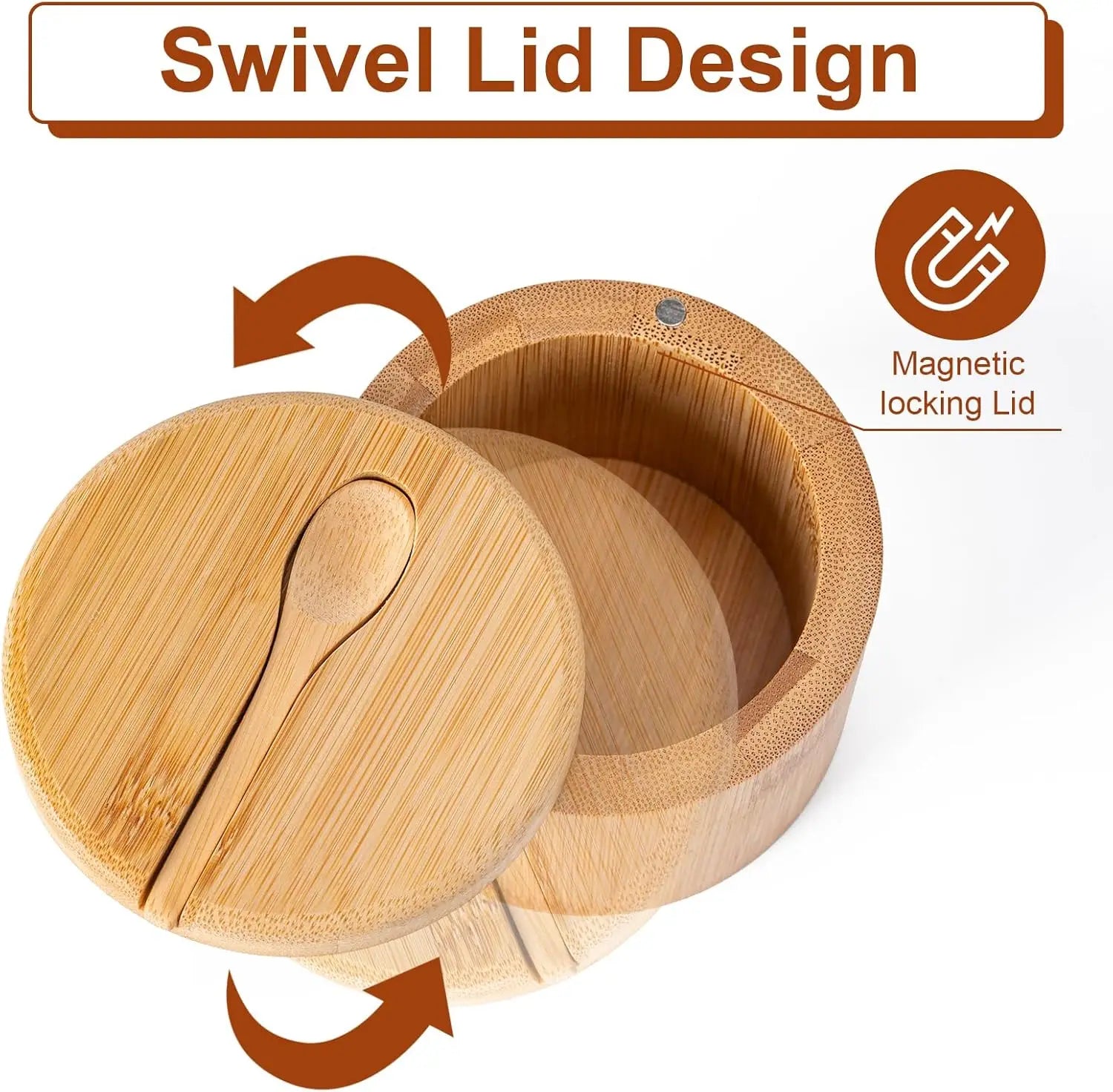 1pc Bamboo seasoning container with magnetic twist-top lid and spoon, ideal for storing pepper, table salt and other condiments. Oasis Select