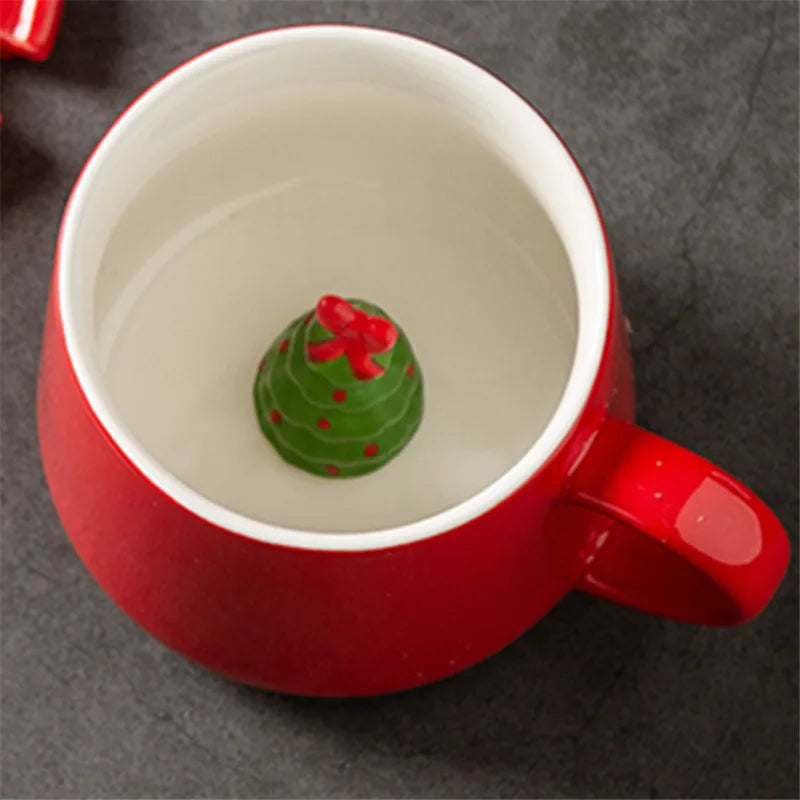 Ceramic Water Cup Santa Claus Snowman Red Festive Mug with Lid Spoon Christmas Tree Reindeer Cup Christmas Gift Oasis Select Christmas tree 301-400ml