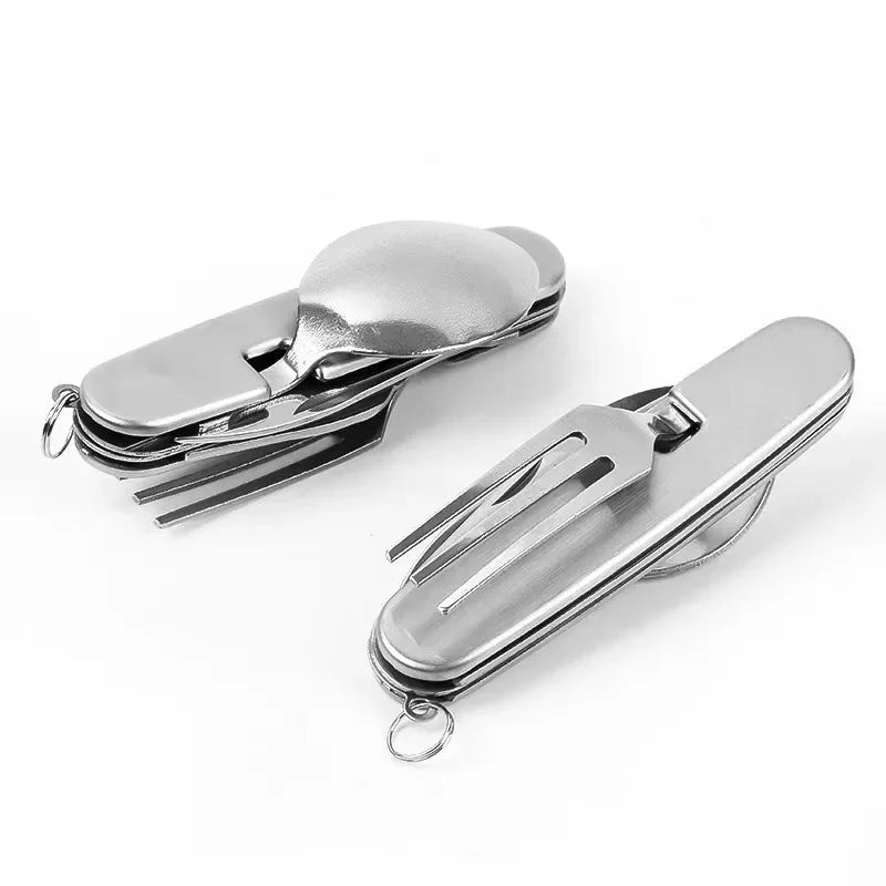 Foldable Spoon Knife Fork Bottle Tablespoon Set 4 in 1 Bottle Opener Stainless Steel Folding Pocket Kits Outdoor Camping Utensil Oasis Select