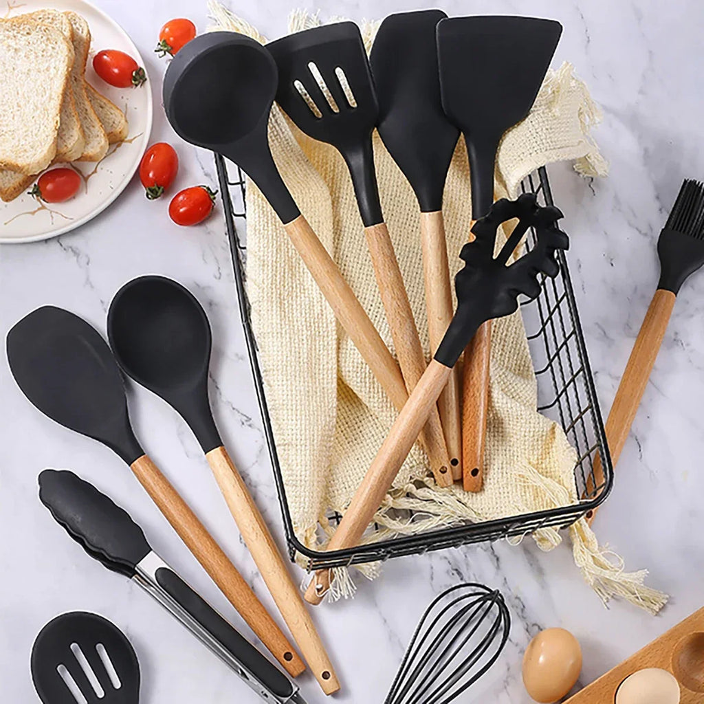 12Pcs Silicone Utensils Set Non-Stick Cookware Spatula Shovel Egg Beaters Wooden Handle Kitchenware Home Kitchen Cooking Tools Oasis Select