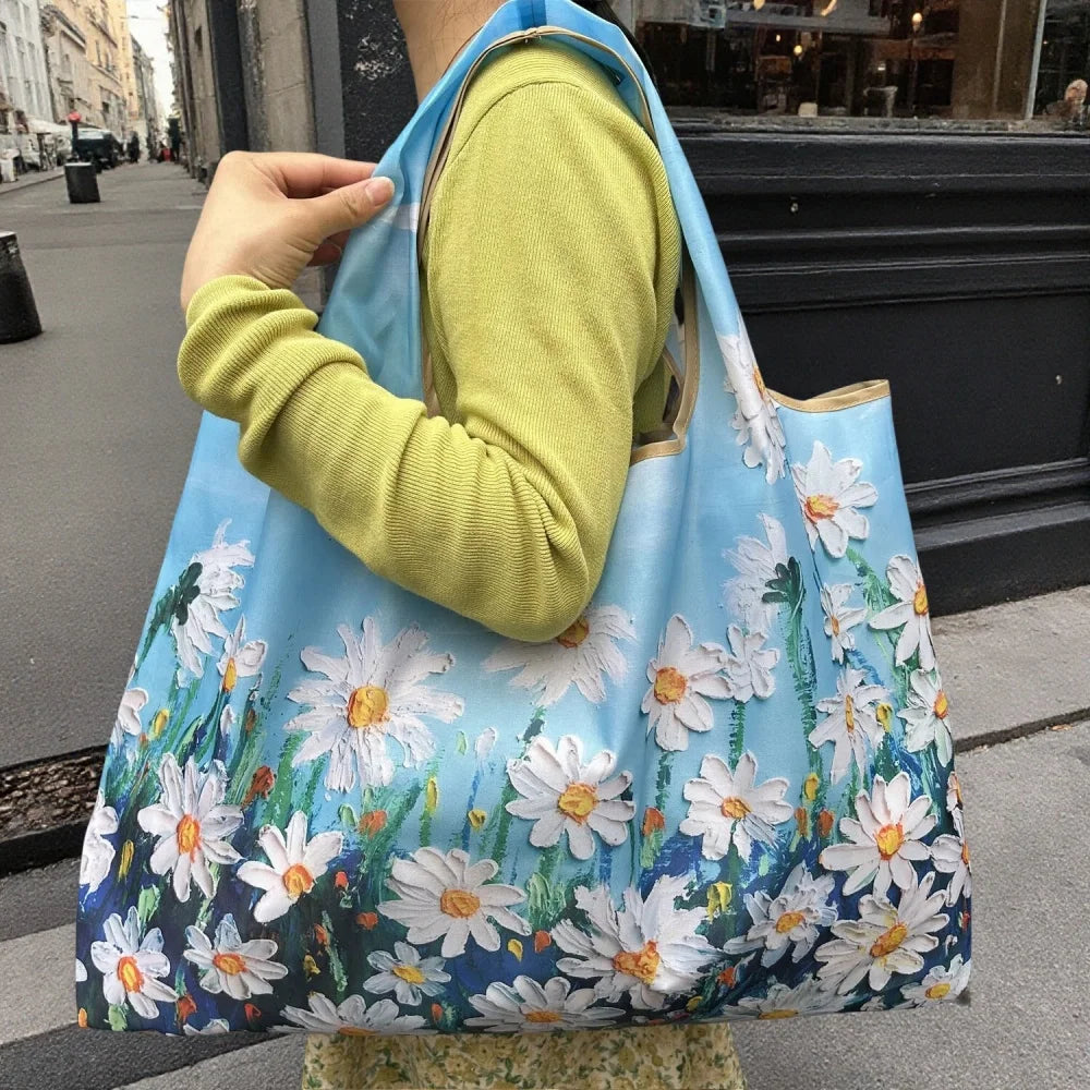 Oil Painting Print Folding Shopping Bag Portable Design Large Capacity Square Shopping Bag Foldable Feature Positioning Design Oasis Select Style 1
