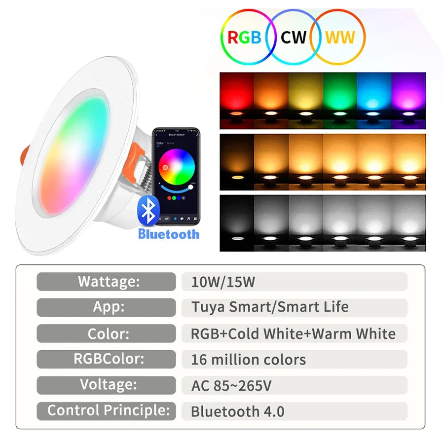 Tuya Smart LED Downlight Bluetooth Recessed Led Spot Lights 15W AC85-265V RGB+CW+WW APP Control Works With Alexa Geogle Home Oasis Select