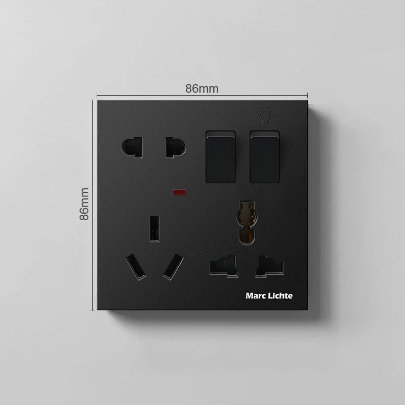 Universal Wall 86 Type Multifunctional Eight-Hole 5pin Power Plug Two Or Three Plugs With 1Gang Switch Control Socket Oasis Select Black