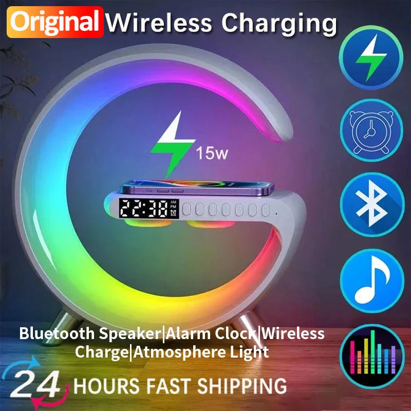 Small RGB Wireless Charger Smart Wireless Bluetooth Speakers Sunrise Alarm Clock & Wake Up Light 15W Fast Charging Dock Station Oasis Select