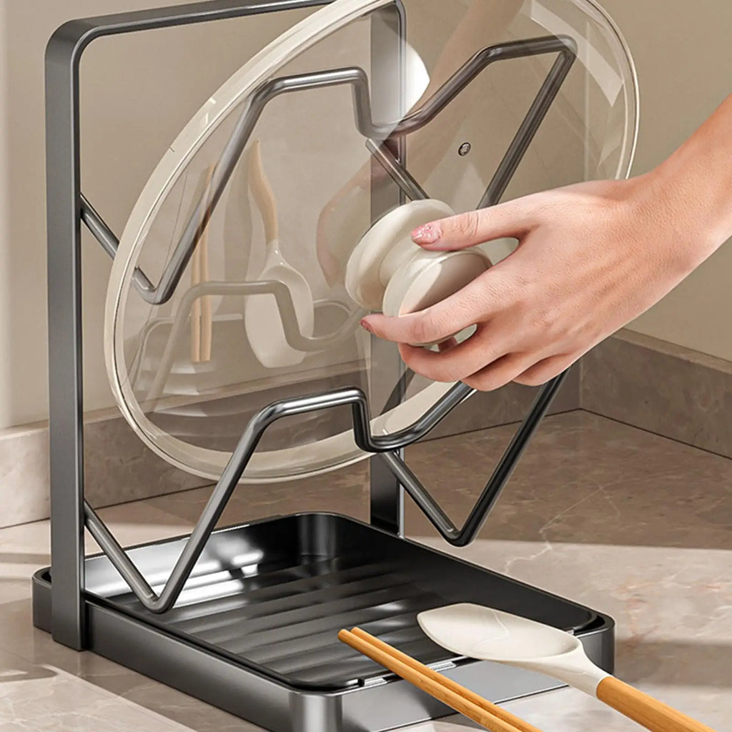 Pot Lid Organizer for Cabinet 2-Tier Countertop Rack Pot Lid Rack with Drip Tray for Spatula Ladle Spoon Kitchen Countertop Oasis Select