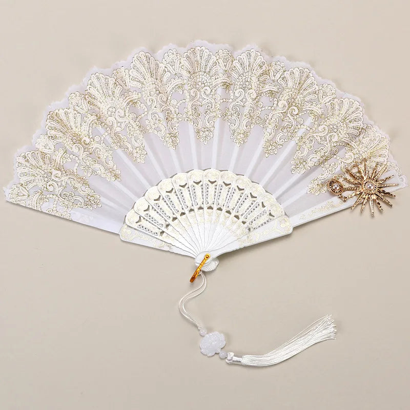 Dance Fan Ornament Ladies Lace Hand Fan Black White Cloth Folding Fans Spanish Hand for Wedding Party Favor Accessories Oasis Select D