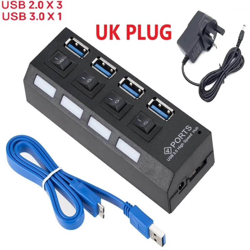 4/7 Port USB 3.0 Hub USB Multi USB 3.0 Hub Multiple Port Hub Splitter With Power Adapter Computer Accessories Hub For PC Oasis Select 4 port with UK PLUG