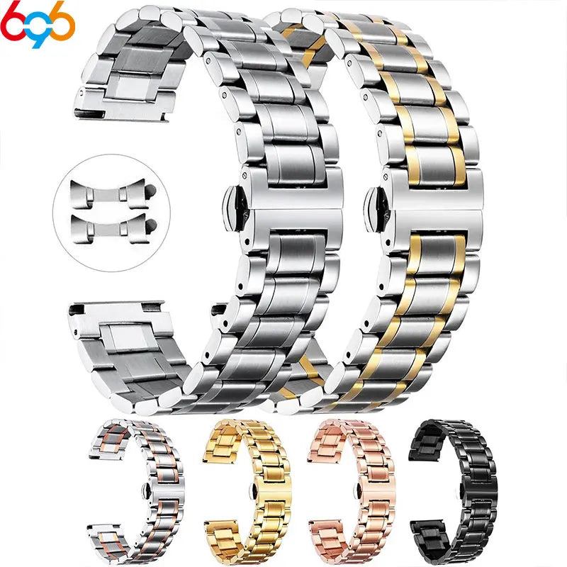 New Stainless Steel Five Bead Watch Strap 18mm 20mm 22mm Double Press Butterfly Buckle Straps Universal Watchband For Huawei GT4 Oasis Select