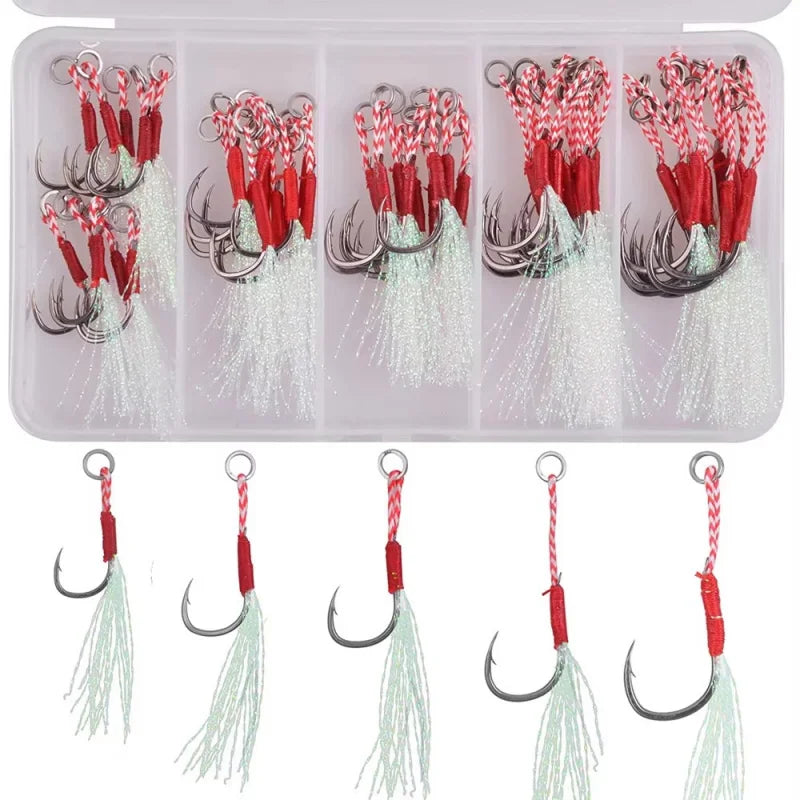 10/30/60pc Fishing Hook Jig Double PairHooks Barbed Thread Feather Accessories Pesca High Carbon Steel Fishing Lure Slow Jigging Oasis Select