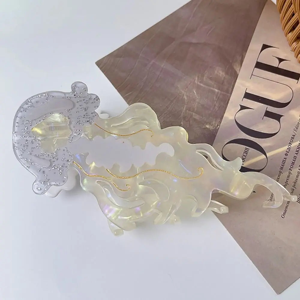 1Pcs New Shark Jellyfish Hair Clip Acetate Labge Marine Life Hair Claw Summer Beach Colorful Hair Accessories Women Girls Oasis Select silver white