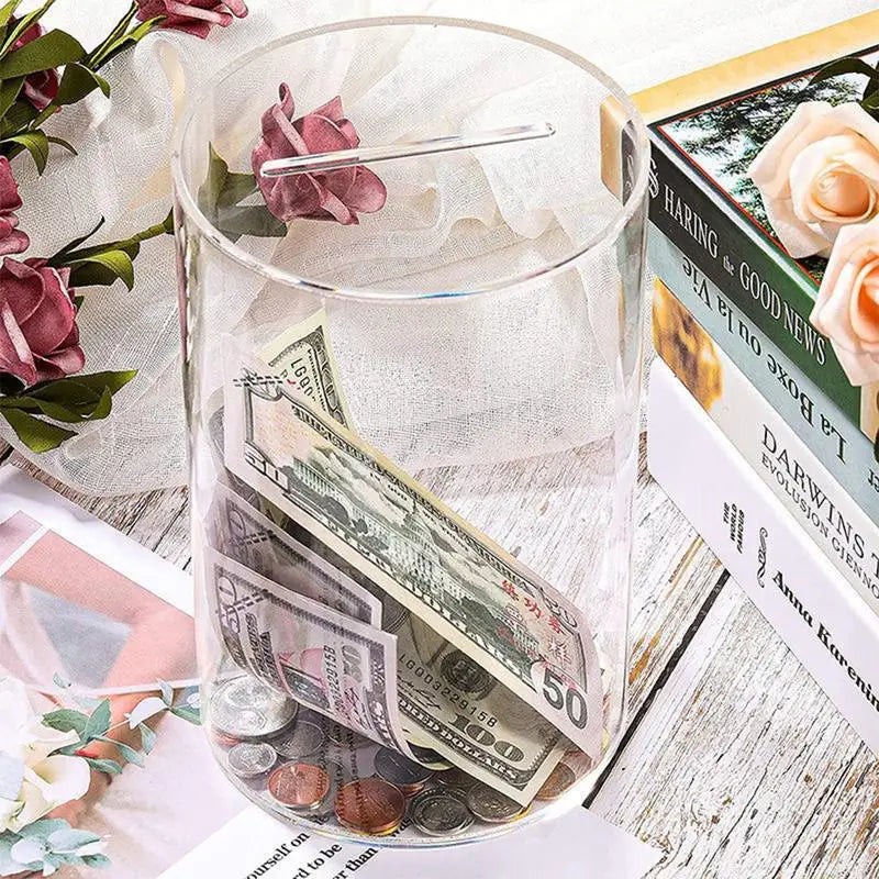 Large Clear Acrylic Piggy Bank – Coins & Bills Saving Jar