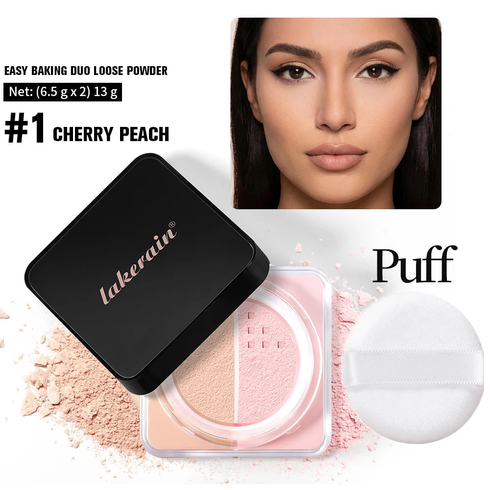 2 in 1 Bake Loose Powder Brightening&Correcting Duo Brightening Correcting Blurred Pores Matte LongLasting Setting Powder Makeup Oasis Select and puff