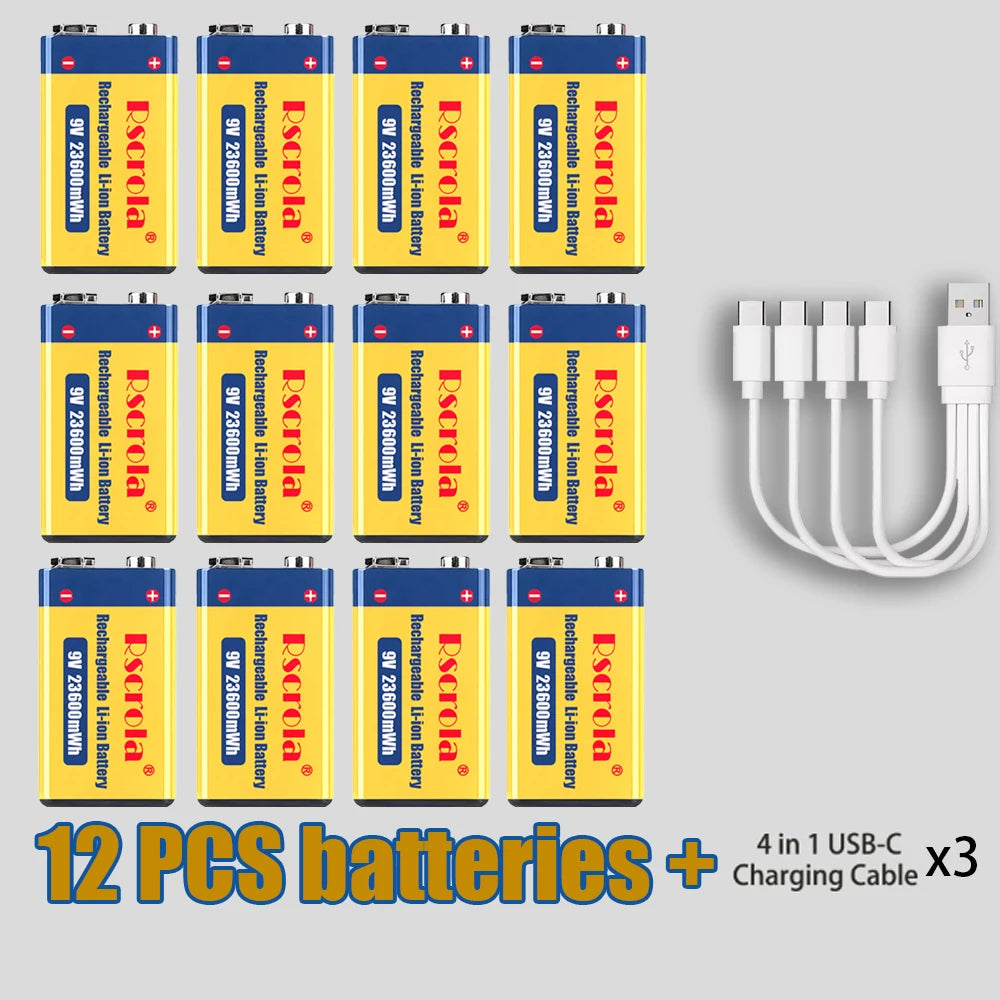 9V 23600mWh USB Lithium-ion Batteries 9V 6F22 Li-po Battery Constant Voltage 9V Output USB Li-ion Rechargeable Batteries Oasis Select 12 PCS Batteries