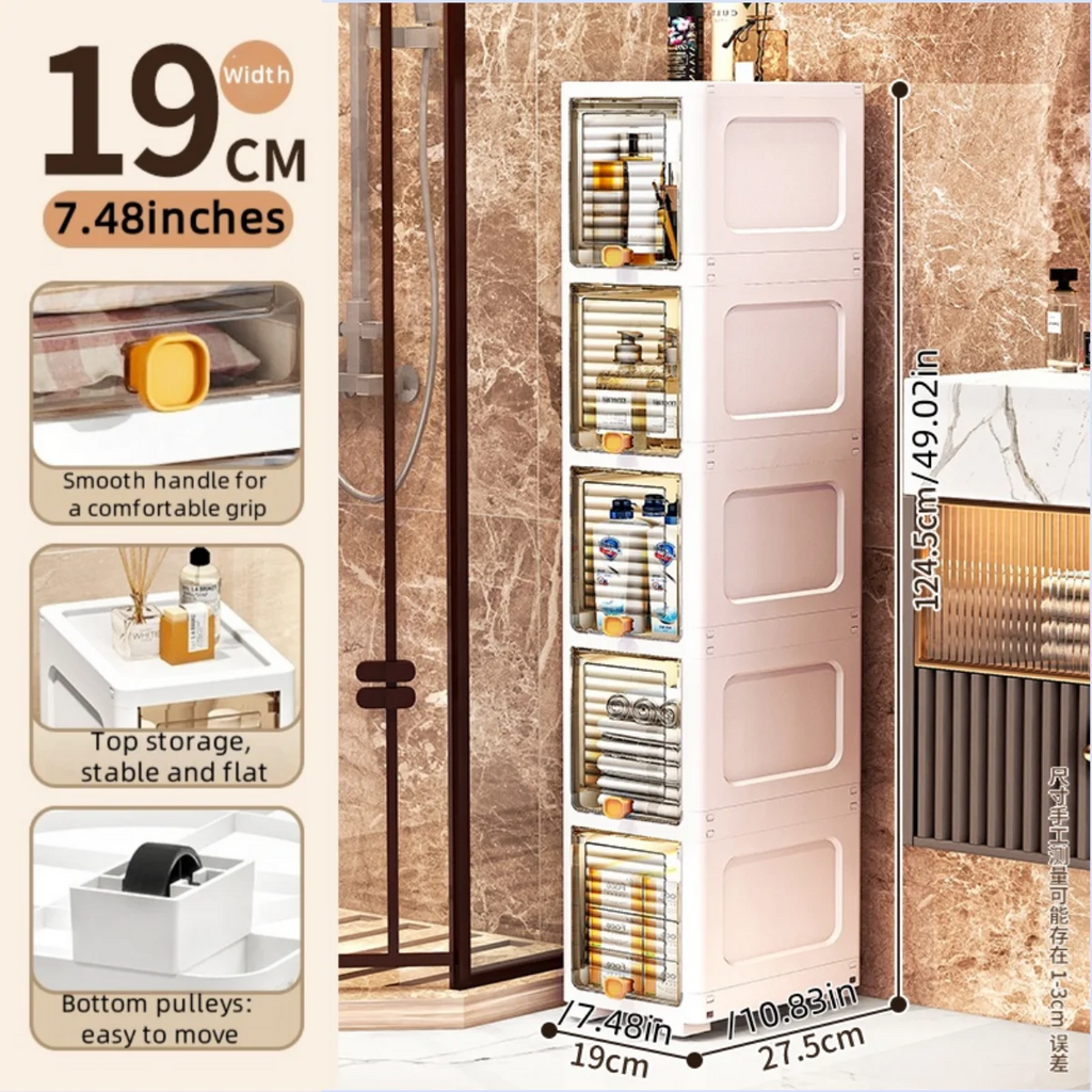 19cm Narrow Cabinet with Flip Lid Large Capacity Adjustable Shelves Organizer for Kitchen Bathroom Bedroom Living Room Oasis Select 5 Tiers Clear White