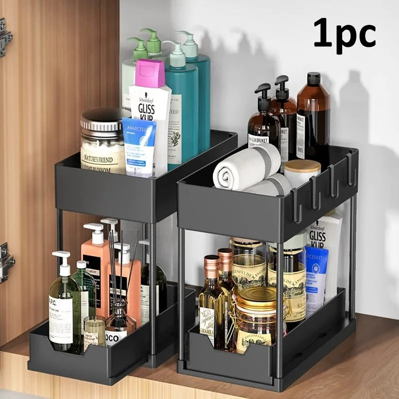 Pull Out Storage Rack 2 Tier,Black/White Under Sink Organizer with Non-Slip Drawers for Kitchen Bathroom Cabinet Bathroom Shelve Oasis Select black