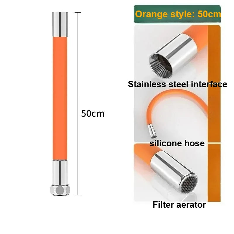 Kitchen Faucet Extension Extender Universal 360° Rotating Silicone Flexible Hose Water Tap Pipe Tube for Bathroom Wash Basin Oasis Select Orange50cm