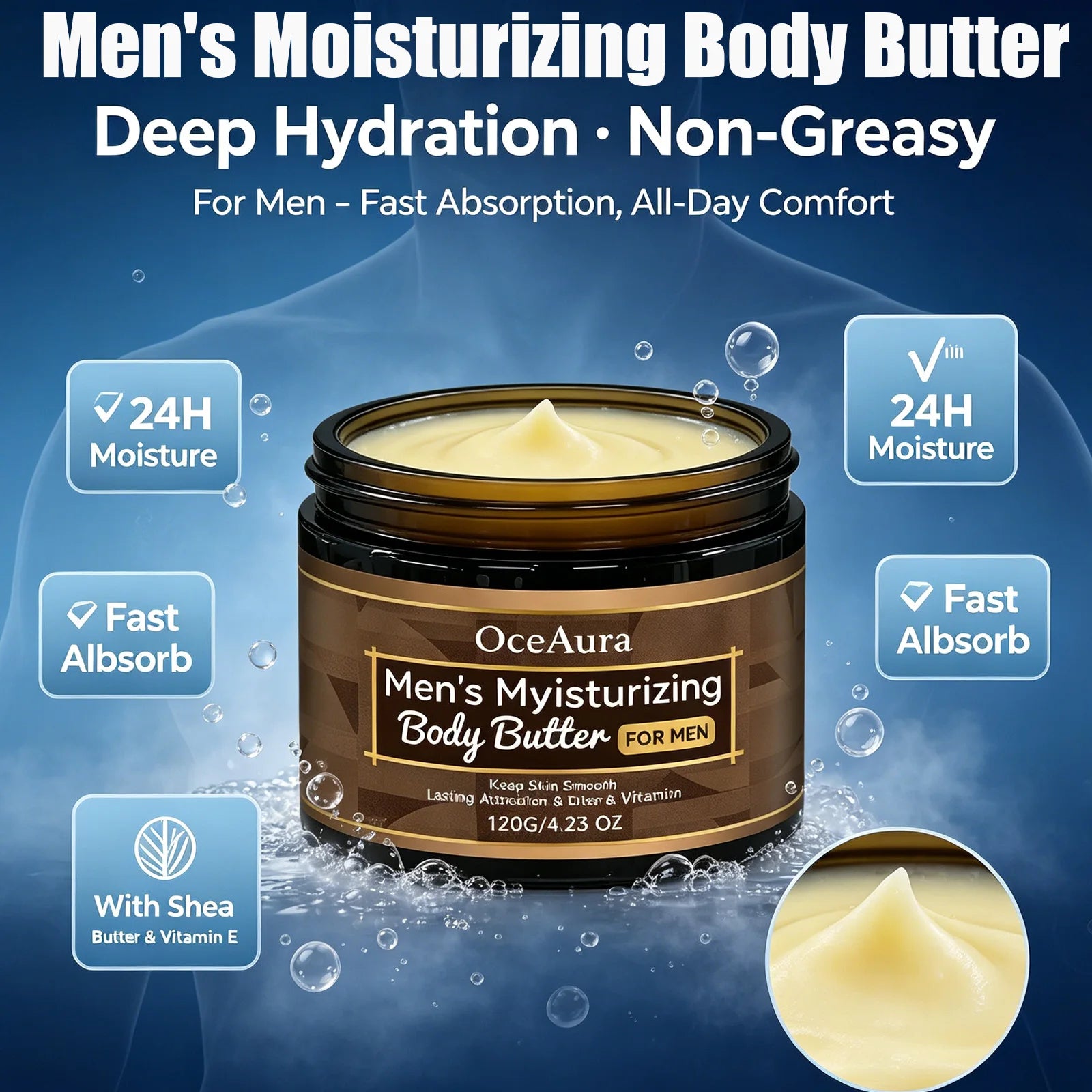 Men's Moisturizing Body Butter Deep Hydrating Nourishing Cream for Dry Skin Fast Absorption Non-Greasy Daily Body Lotion Oasis Select