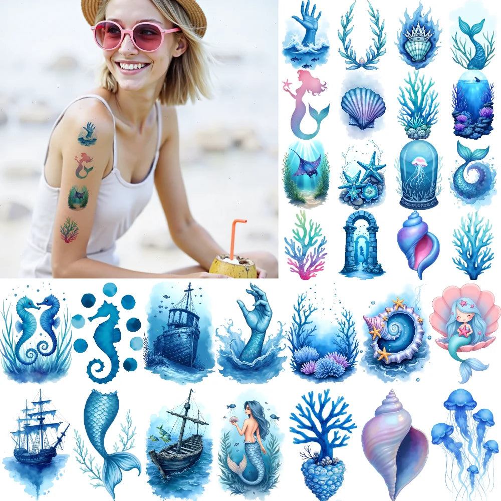 63-Piece Watercolor Ocean Temporary Tattoos – Ships & Seahorses Temporary Tattoo Stickers Oasis Select