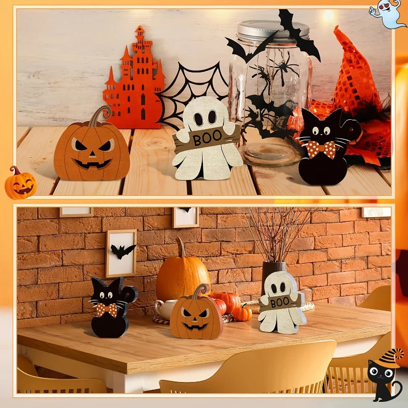 Three-piece Halloween wooden table decorations, black cat, pumpkin and ghost, for the center of the party table decoration Oasis Select