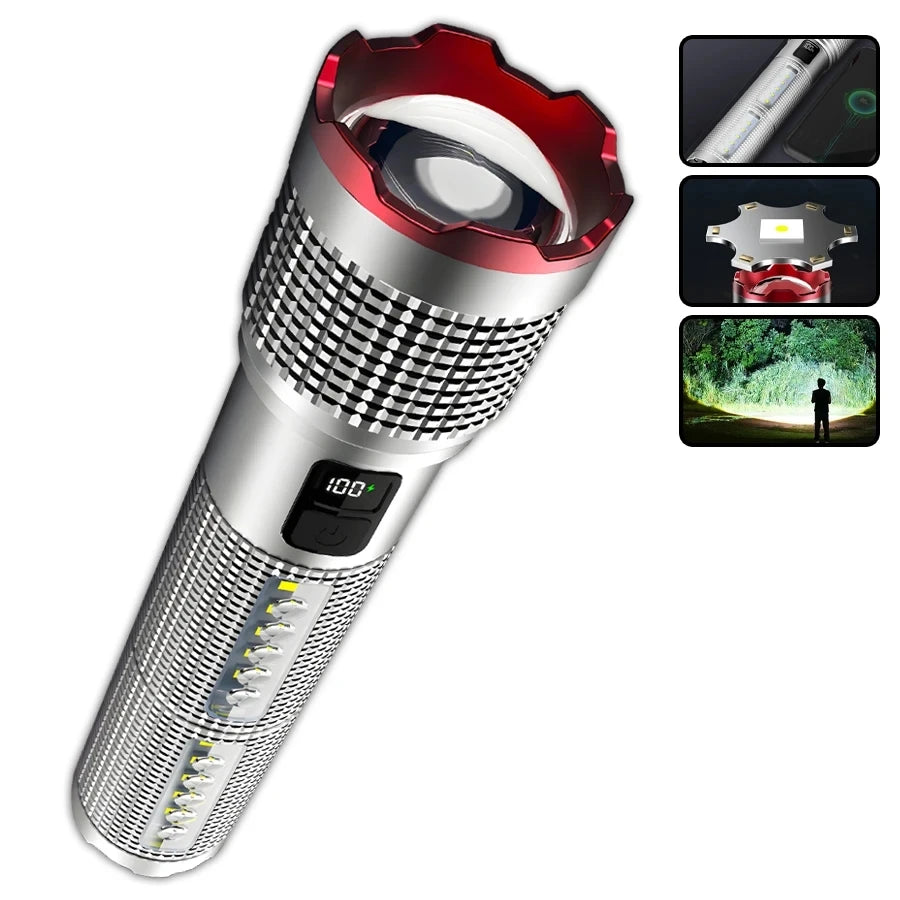 Most Poweful LED Flashlight 6000000LM Strong Light Torch Rechargeable Lamp High Power Long Shot 4km Tactical Flashlights Camping Oasis Select S526 ZOOM