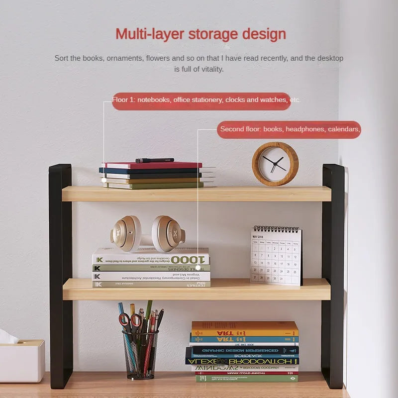 Tiered Desktop Bookshelf Desk Organizer | Steel & Wood Shelf