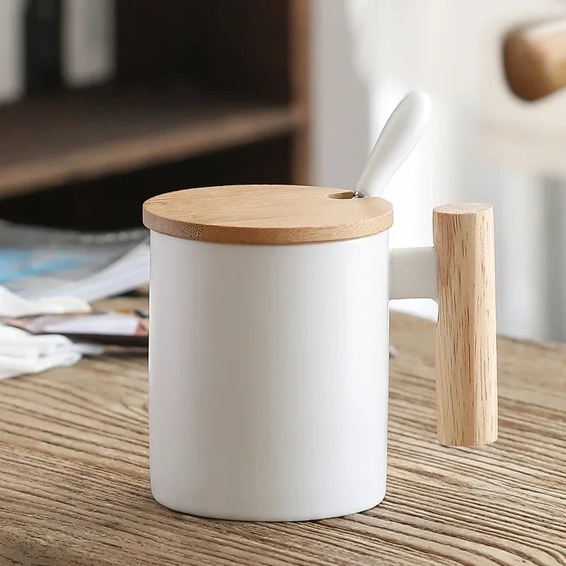 Creative 310ml Ceramic Coffee Mug with Wooden Handle & Lid Milk Cup Couple's Mug Office Kitchen Water Cup Drinkware Gift Box Set Oasis Select White
