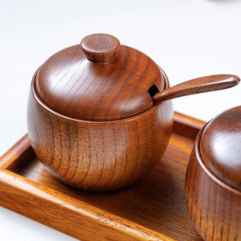 Wooden Seasoning Jar Creative Kitchen Retro Salt Sugar Pot Seasoning Storage Jar With Lid Spoon Wooden Tray Storage Containers Oasis Select