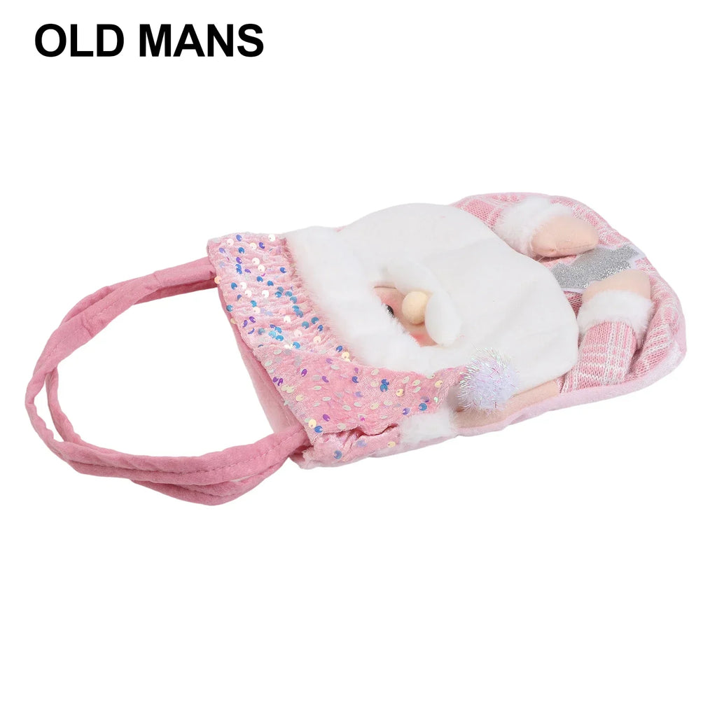 Christmas Bag with Cartoon Doll Fabric and Pink Beads Handheld Design Suitable for Holiday Use and Festive Parties Oasis Select