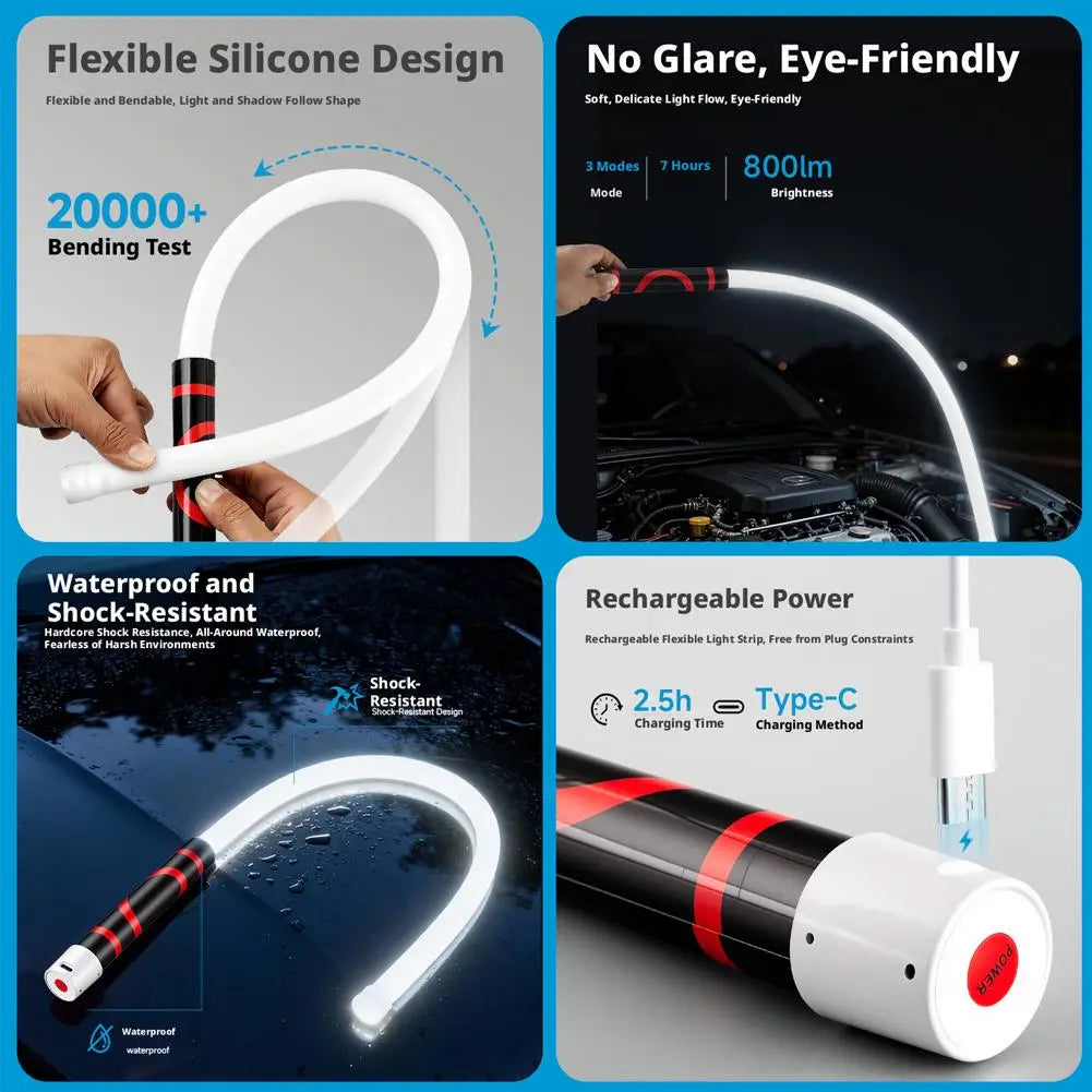 73cm Flexible Silicone LED Work Light Rechargeable High Brightness Flashlight Stick Long Battery Life for Car Repair Inspection Oasis Select
