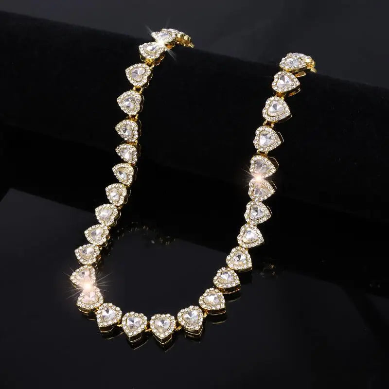 45CM New Hip Hop Tennis Chain Bracelet Necklace Shiny Heart Rhinestone CZ Fashion Rock Party Jewelry Oasis Select Gold Necklace 45cm
