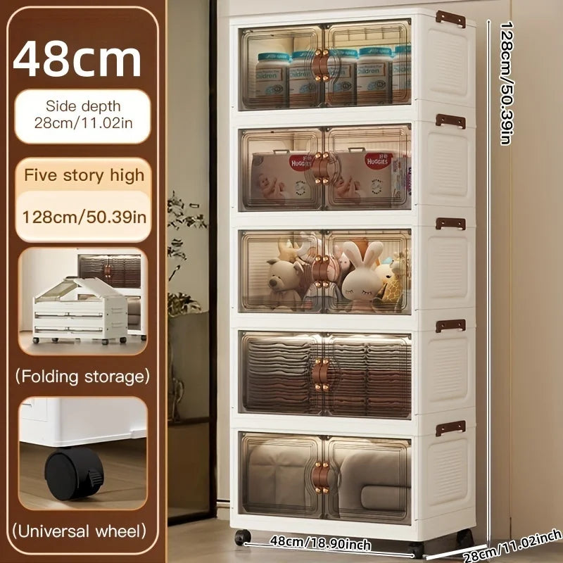 48cm Wide Foldable Storage Cabinet with Rolling Wheels,3-6 Tier White/Black, for Bathroom/Bedroom/Living Room Organization Oasis Select 5 Layers-Black