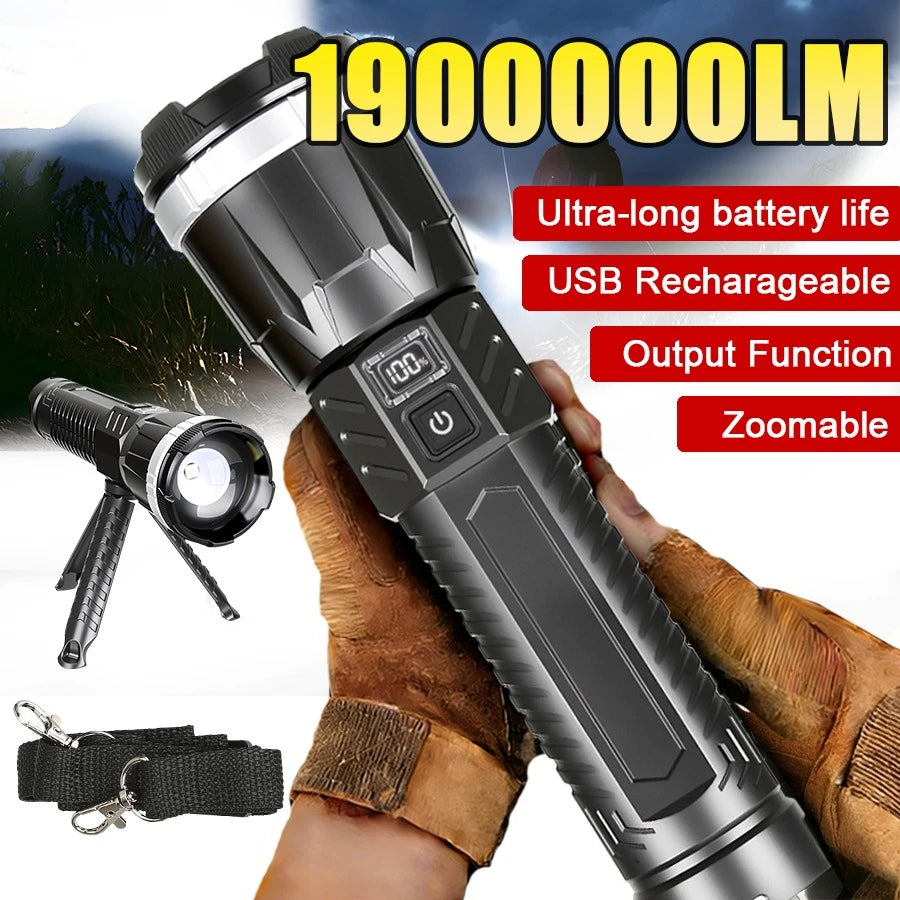 1900000LM Ultra Bright Flashlight With Powerful Rechargeable Zoom Torch And 8-mode Long-range Spotlight With Shoulder Strap Oasis Select Black