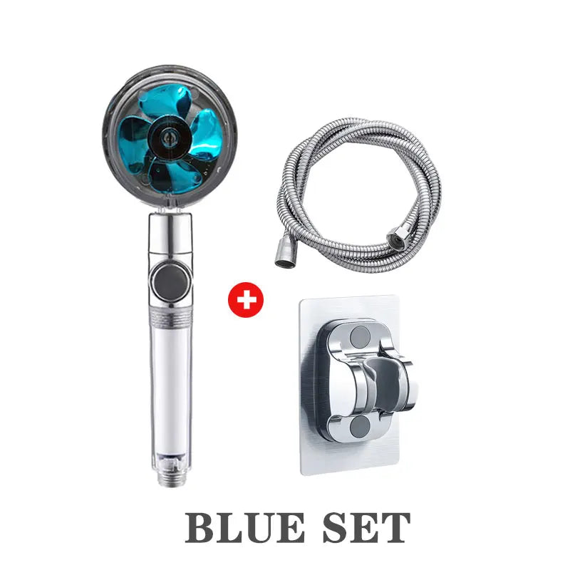 Powerful Pressurized Shower Set Fan Filter Showerhead One Touch Water Stop Sprayer Water Saving Handheld Showerheads Oasis Select Blue Set