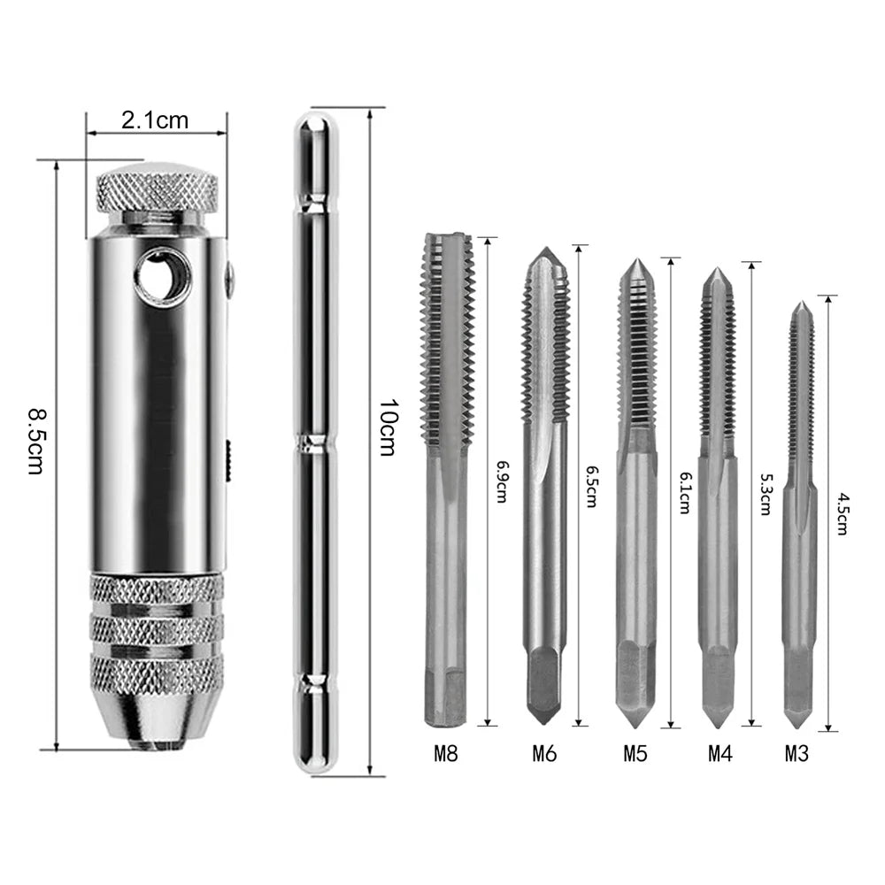 Adjustable Silver T-Handle Ratchet Tap Holder Wrench Set Hand Tools with 5pc M3-M8 Machine Screw Thread Metric Plug T-shaped Tap Oasis Select
