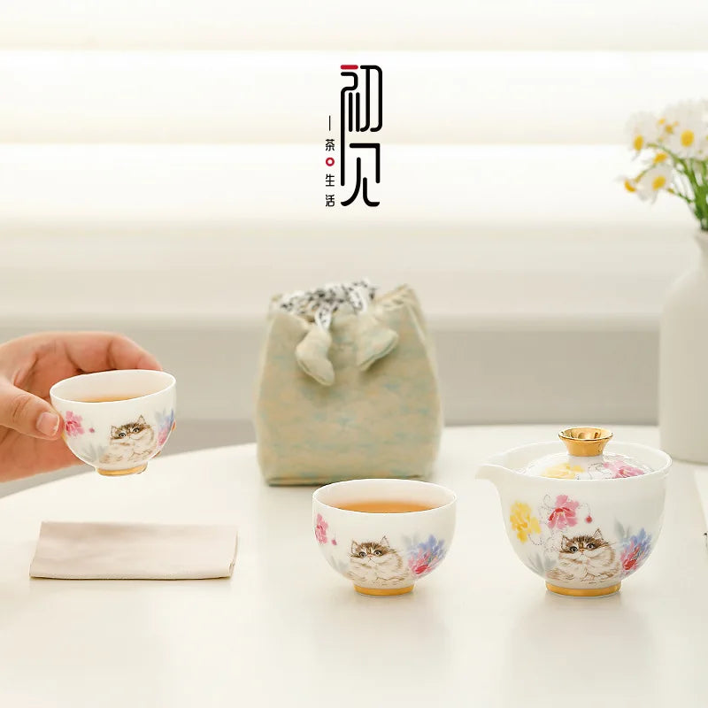 Hand Drawn Cat Quick Cup One Person Tea Set Portable Travel Tea Set Outdoor Tea Making Storage Bag Oasis Select