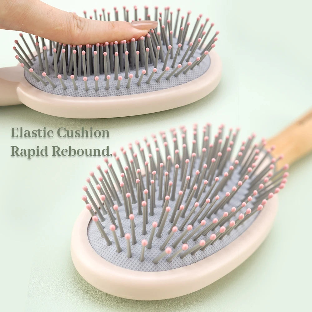 Natural Wood Handle Air Cushion Hair Brush - Soft Round-Tip Nylon Pins for Gentle Detangling & Scalp Massage Oasis Select