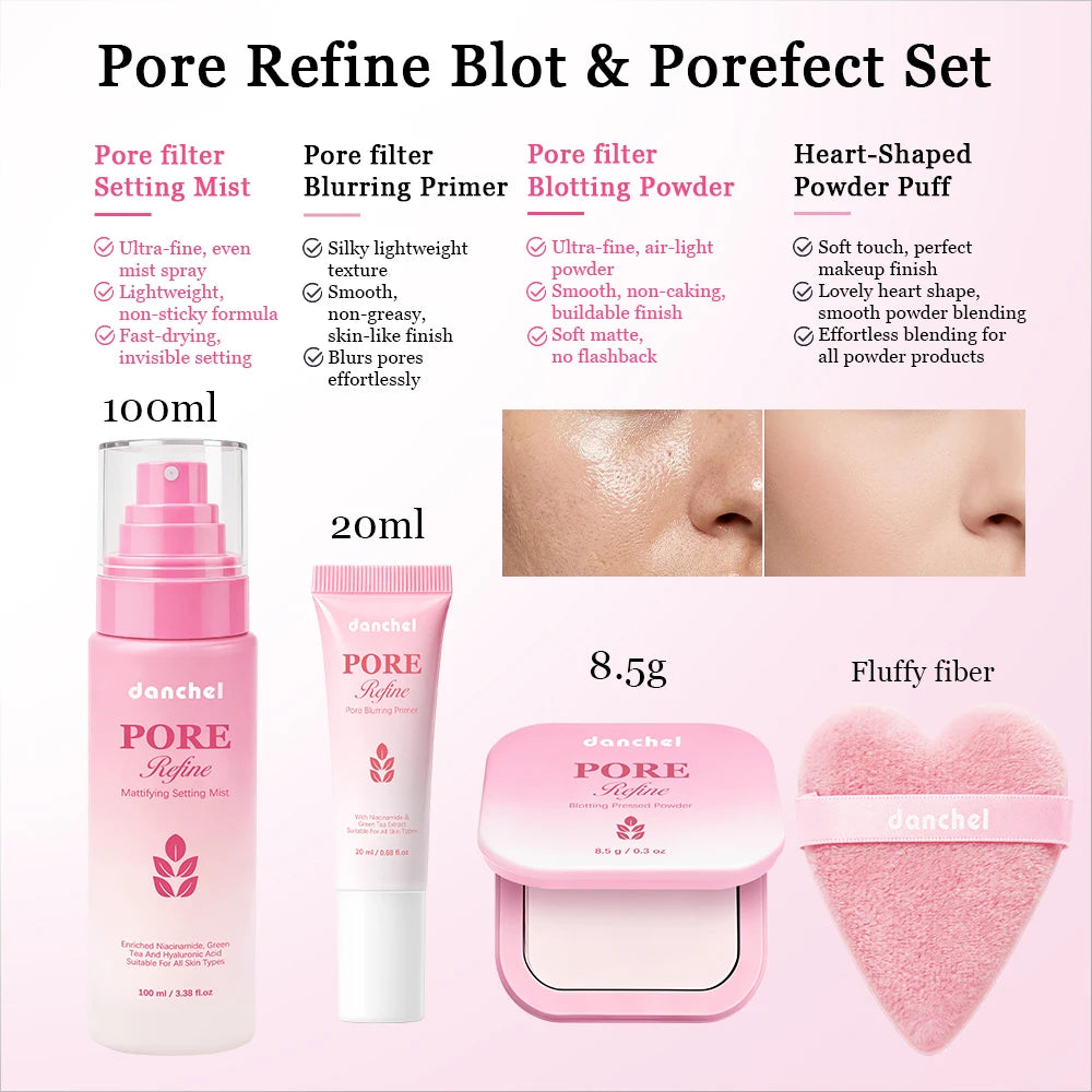 Pore Refine Blot & Porefect Set Pore-Blurring 12h Matte Oil Control Primer, Setting Spray, Touch-up, Powder Puff 4PCS Makeup Kit Oasis Select