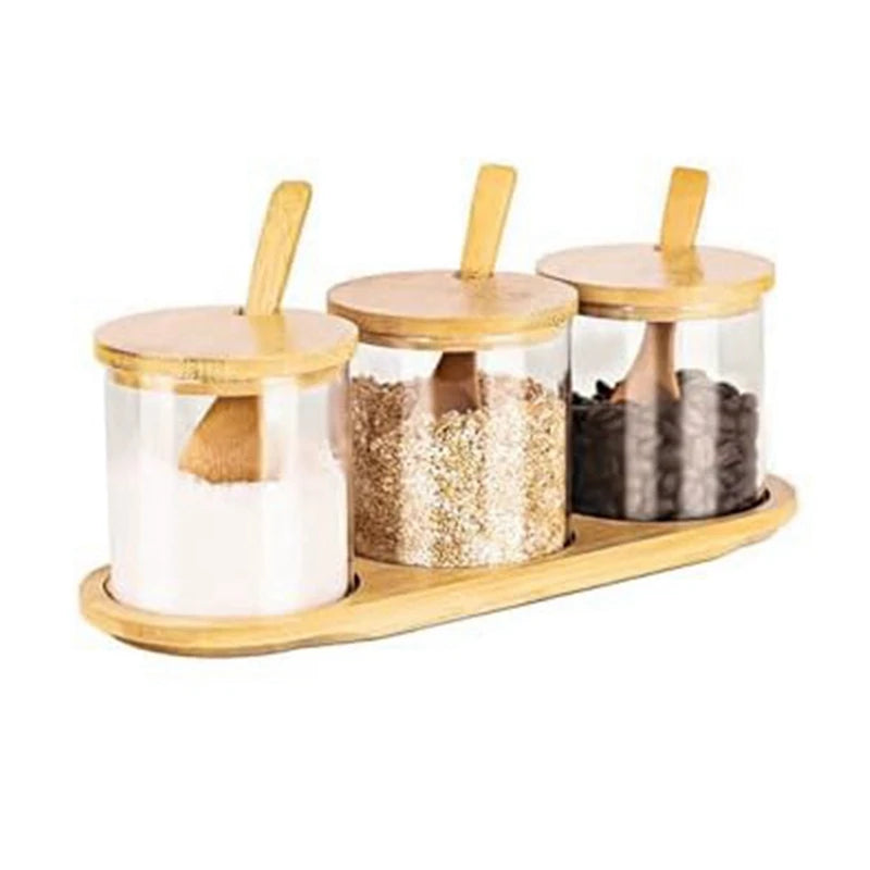 WISH Bamboo Condiment Container With Lid And Spoon-Condiment Box Set, Used To Store Condiments, Salt And Sugar. Oasis Select