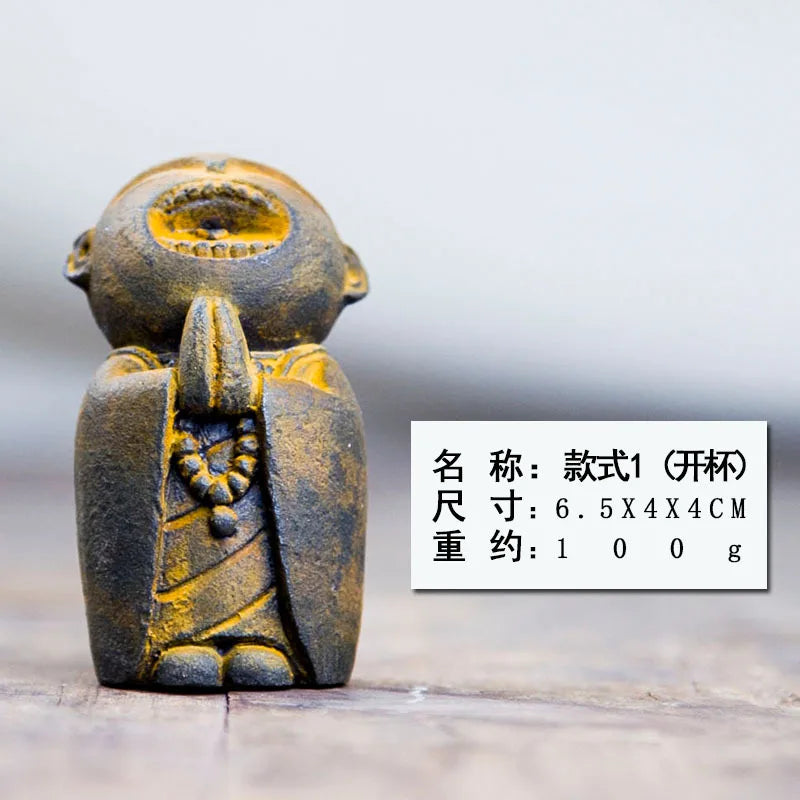 Zen Creative Cute Little Monk Buddha Statue Ornament Home Living Room Tea Play Desktop Imitation Cast Iron Handmade Craft Oasis Select Cup - Rusty Version