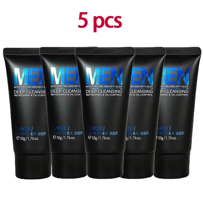 LAIKOU Men Face Cleanser 50g Deep Cleansing Oil Control Anti Acne Moisturizing Blackhead Removal Pore Minimizer Gentle Wash Oasis Select 5PCS