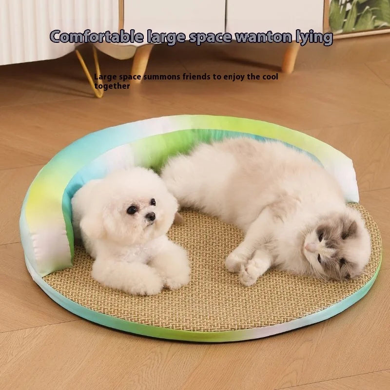 Summer Cooling Pet Bed - Detachable Rattan Mat, Ice Silk Cat/Dog Bed for All Seasons Premium Pet Cooling Bed Detachable Rattan Oasis Select