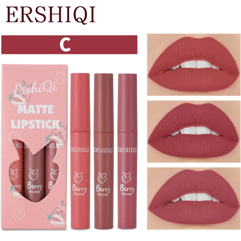Velvet Matte Lip Glaze Long Lasting Waterproof Nude Lipstick Set 3pcs Silky Smooth Non Stick Lip Gloss Makeup Cosmetics Women Oasis Select C