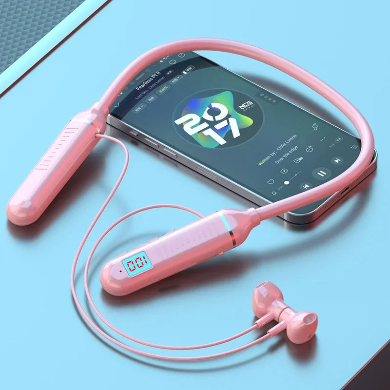 Wireless Earphones Bluetooth 5.3 Neckband Headphones Gaming LED Display HIFI Headset Sports TWS Earbuds With Mic TF Card Oasis Select Pink D18