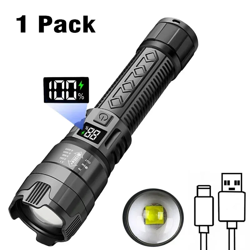 KDULIT High Power XHP100 Led Flashlight Built-in Battery Rechargeable Digital Display Zoom Torch for Outdoor Camping Emergency Oasis Select Package B 1PC