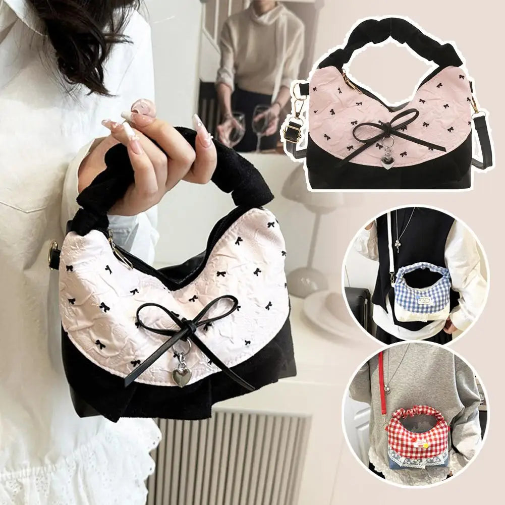 Women's Plaid Bow Dumpling Crossbody Canvas Bag | Handbag