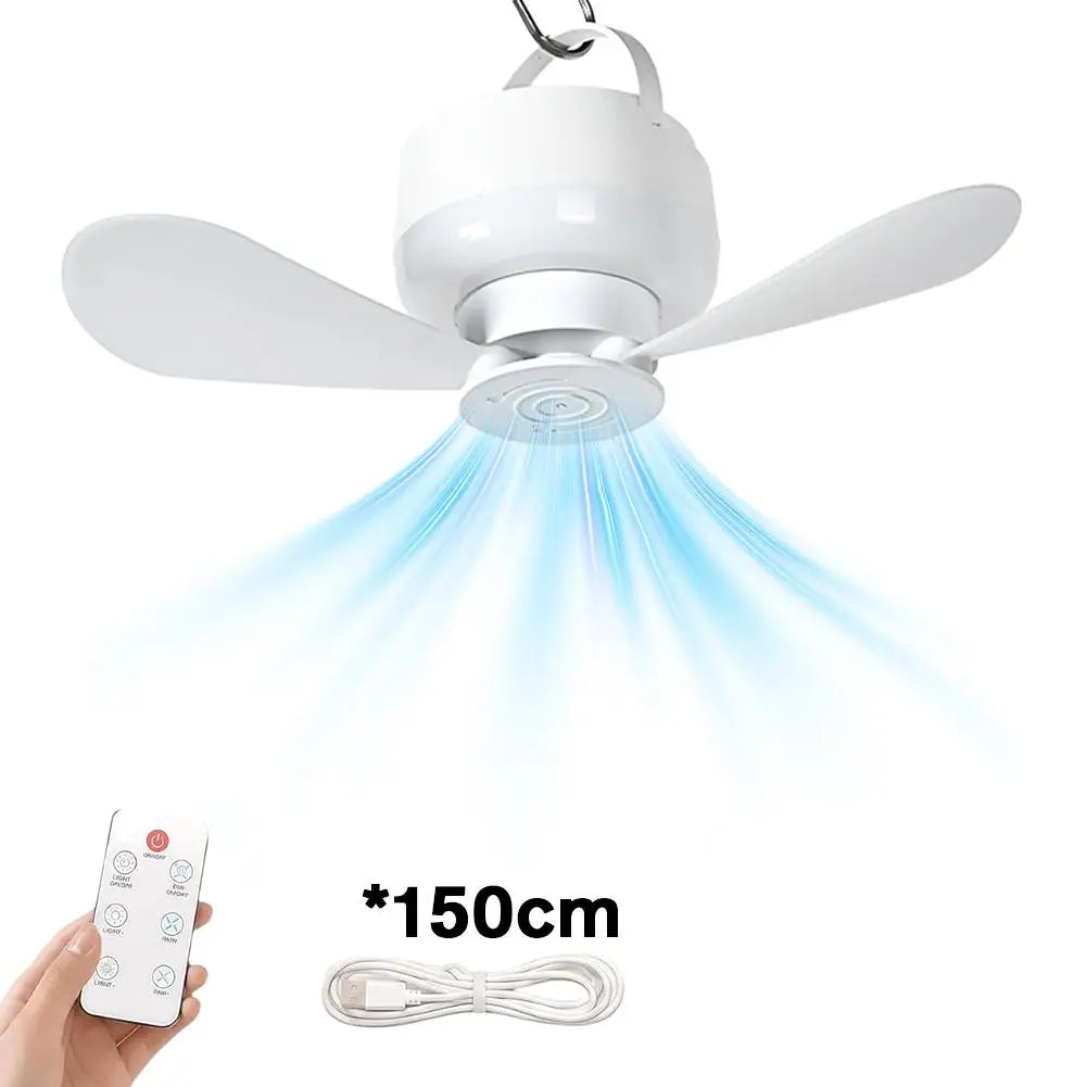 USB Rechargeable Mini Ceiling Fan With Light Remote Control Dimmable Led Hanging Fan For Student Dormitory Camping Tent RV Oasis Select White