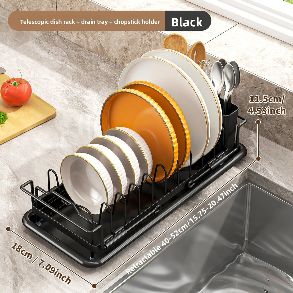 Bowl Rack Drain Rack Retractable Kitchen Dish Rack Small Dish Rack Tableware Storage Box Vegetable Basin Sink Shelf Oasis Select Black full set