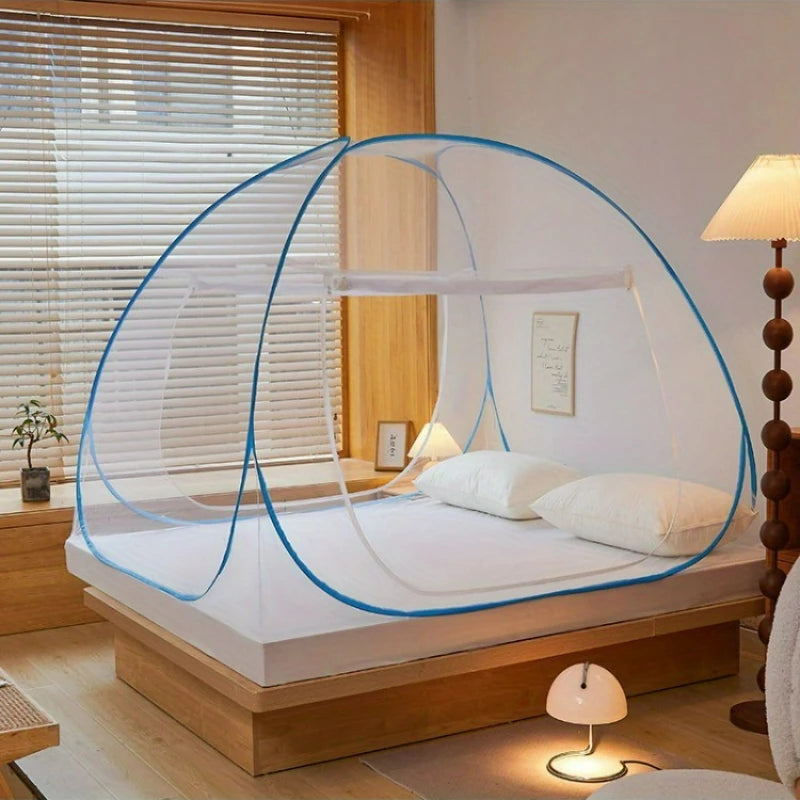 Pop-Up Mongolian Tent Mosquito Net with Full Edge Coverage, Sturdy Iron Frame & Linen/Polyester Blend Mosquito Net Oasis Select Blue
