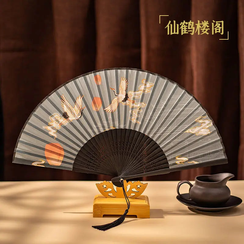 Ancient Style Folding Fan Embroidery Fringe Hanfu Holding Dance Props Fan Hand Held Fan Oasis Select B