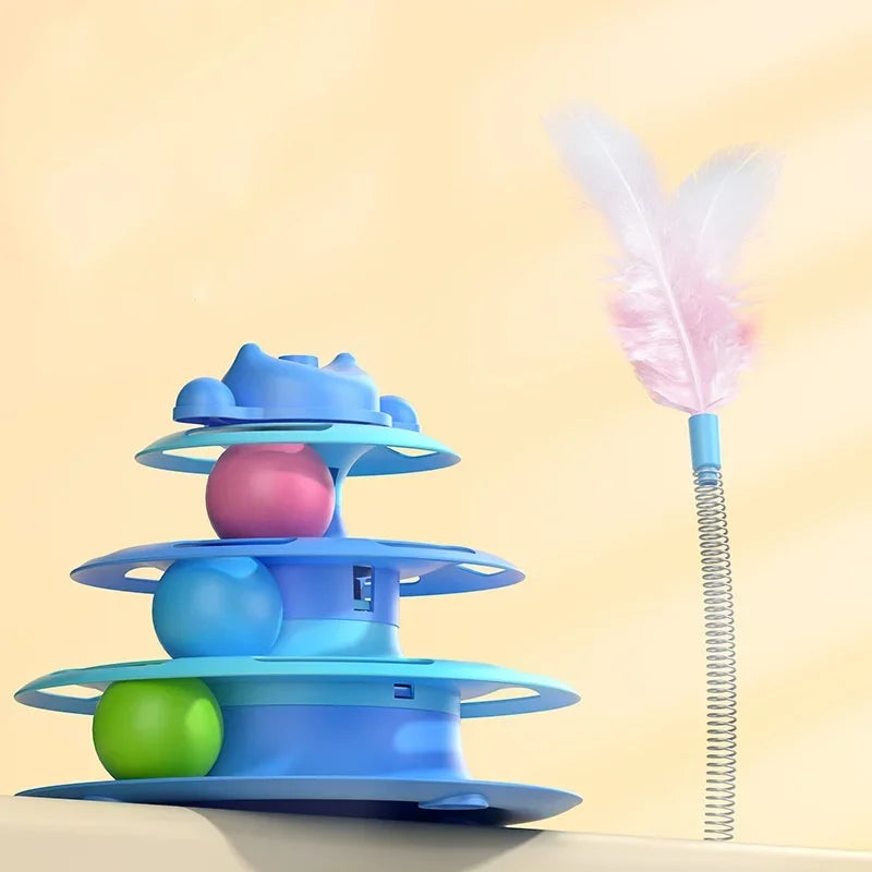 1pcs 4-Layer Feather Cat Turntable With Fun Toy Ball And Playing Stick - Interactive Toy For Cats Oasis Select Blue